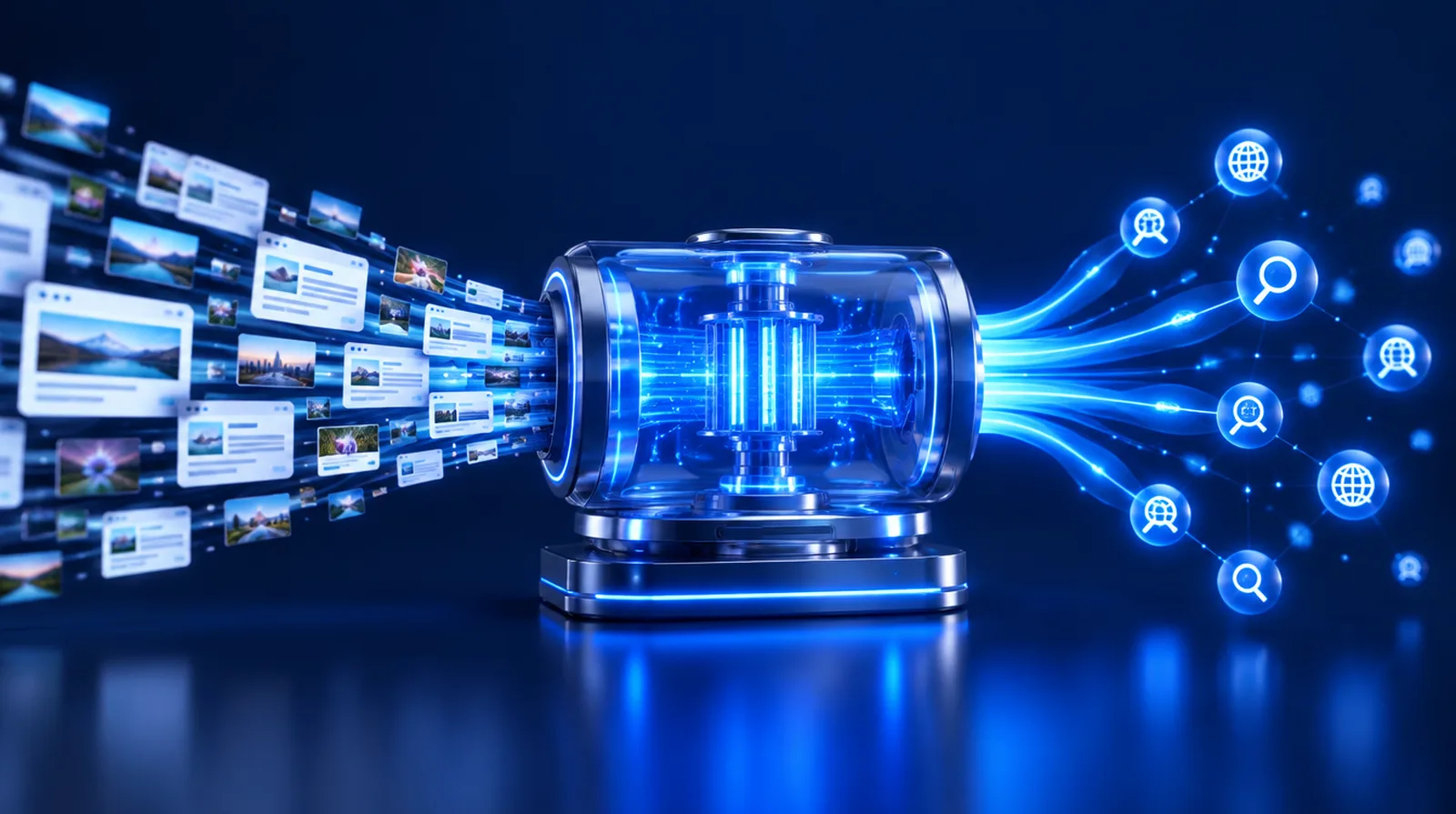 Web pages and images flowing through an indexing engine and out to search engines