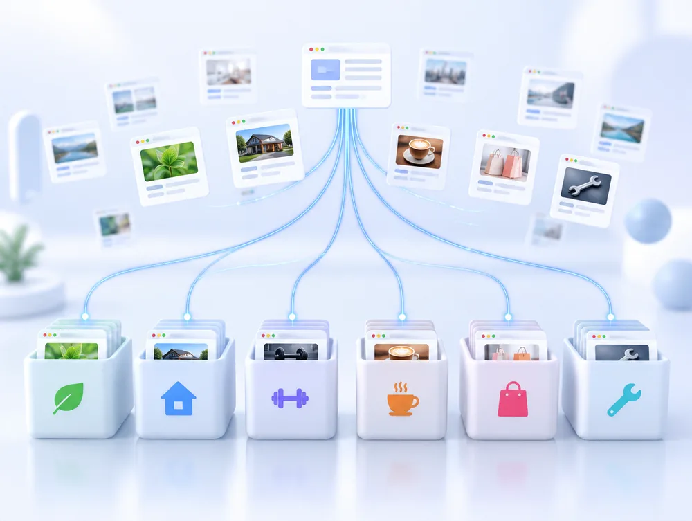 Web pages being sorted by light paths into niche categories